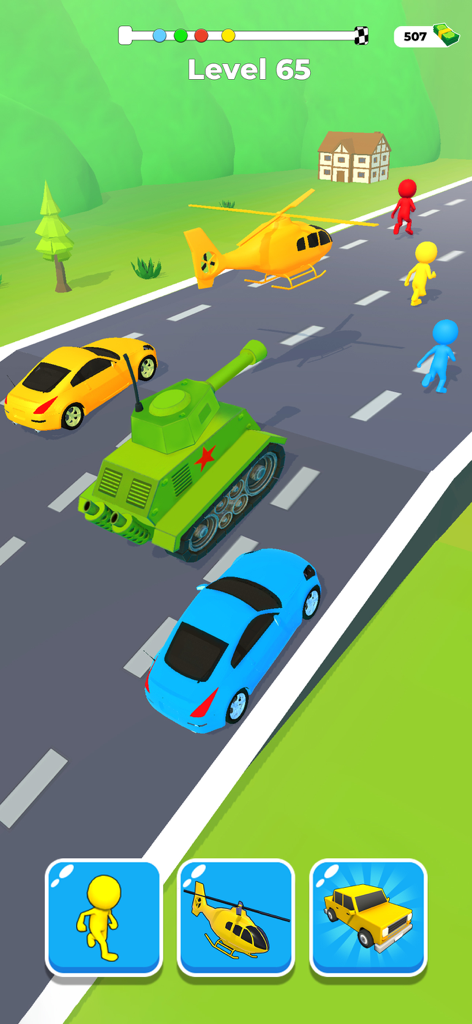 Shape Transform Shifting Games - Gameplay screenshot showing character and vehicle transformations in a race on a multi-lane road