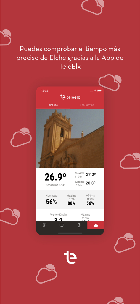 Interfaz de la app móvil TeleElx mostrando el tiempo en tiempo real y la temperatura local en Elche