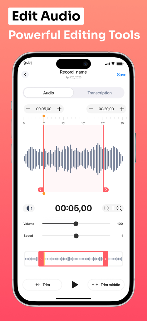 Mobile app interface showing audio waveform and editing tools for trimming recordings