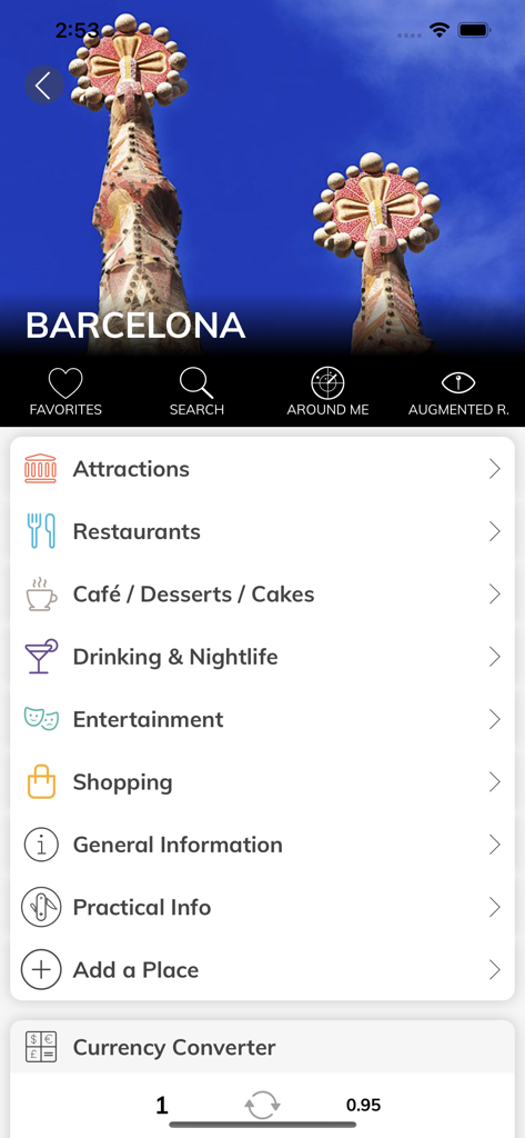 Mon Carnet de Voyage - Interface du guide de la ville de Barcelone montrant les catégories de voyage et l'outil de conversion de devises
