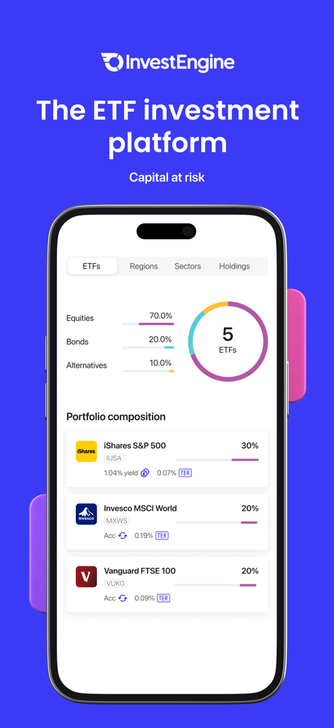 InvestEngine: ETF Investing - Interfaz de la aplicación móvil InvestEngine que muestra un desglose de cartera de ETFs diversificada con fondos de iShares y Vanguard