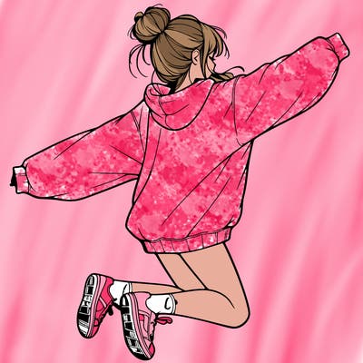 realistic girl jumping with a bun and oversized sweatshirt