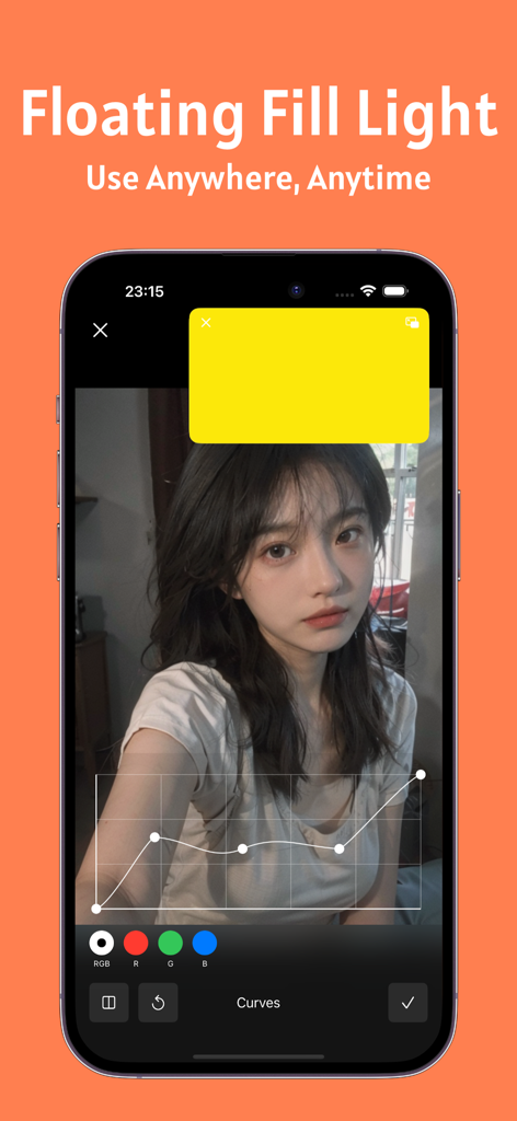 GlowCam app interface showing the floating fill light feature and RGB curve editing tools