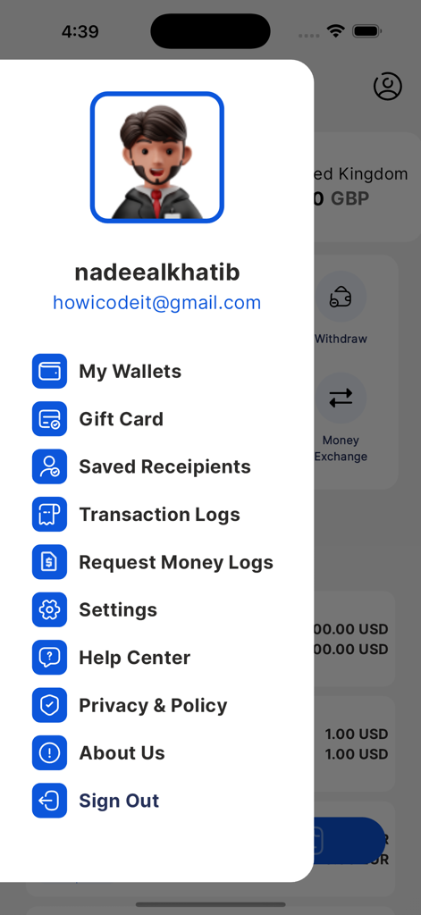 DigiPay App - DigiPay App-Benutzerprofilmenü mit Kontoeinstellungen und Transaktionsverlaufoptionen.