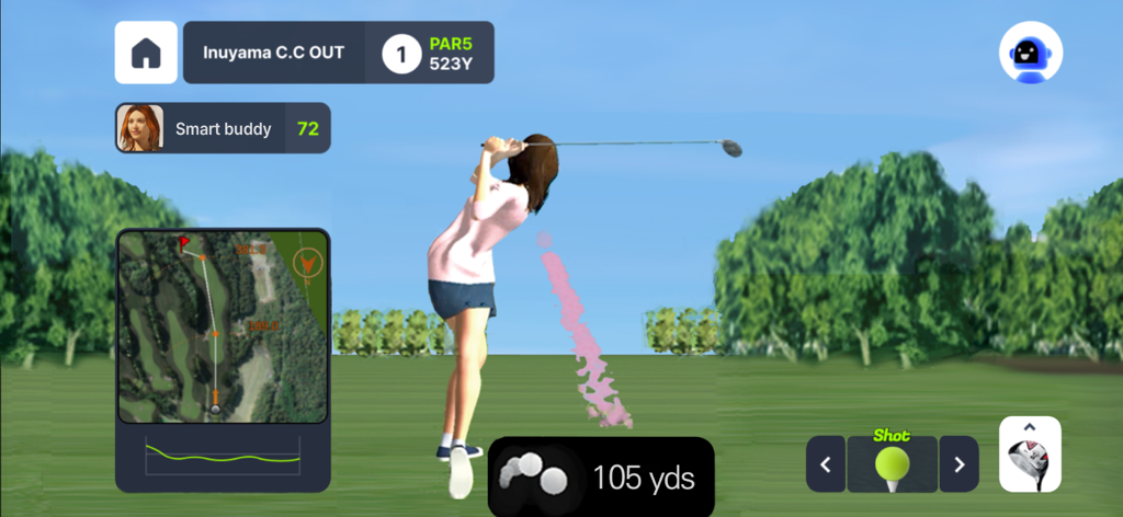SmartGolf AI Analyzer - A 3D avatar performing a golf swing on a virtual course within the SmartGolf AI Analyzer app