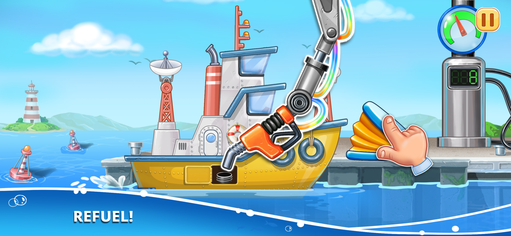 A cartoon ship being refueled at a dock in a building game for kids