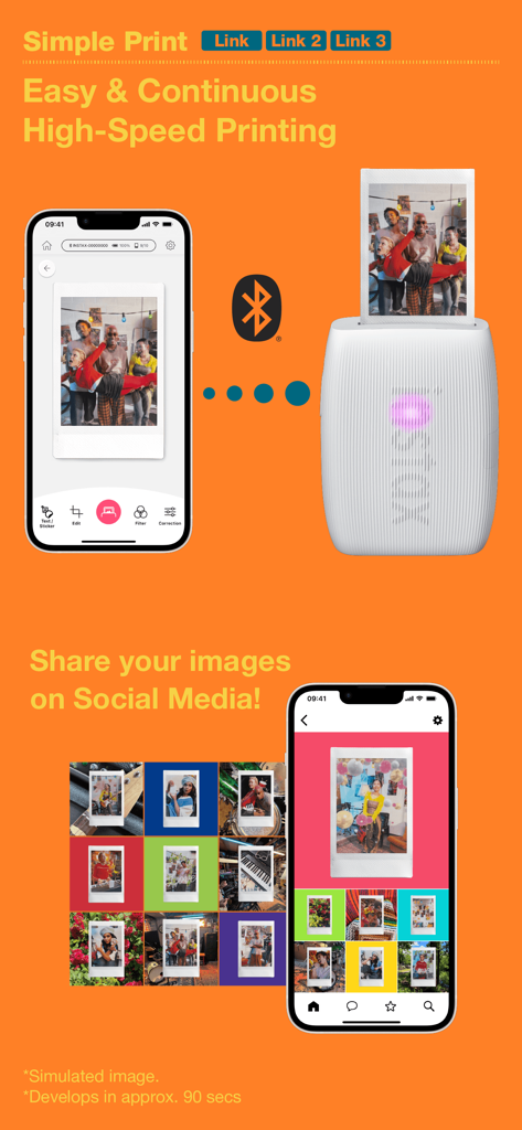 instax mini Link app interface showing easy high speed printing and social media sharing features