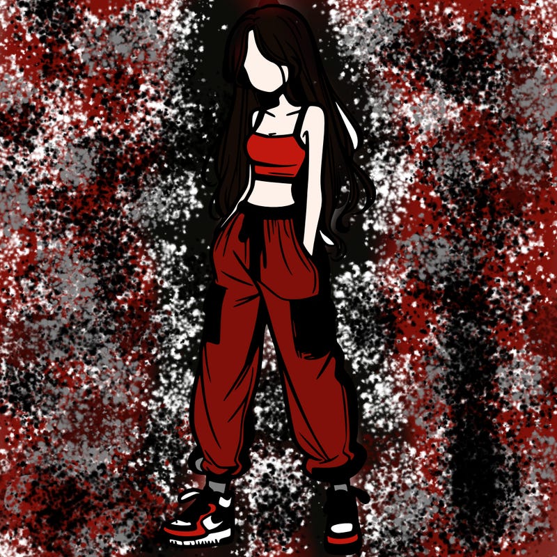 girl in baggy pants crop top and long hair