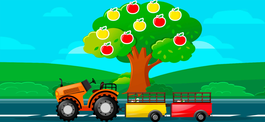 Cartoon tractor with yellow and red trailers for sorting apples from a tree in a learning game for kids