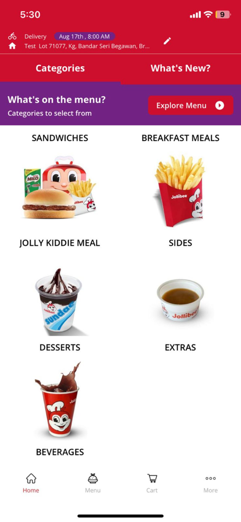Jollibee Brunei - Jollibee Brunei mobile app categories menu screen