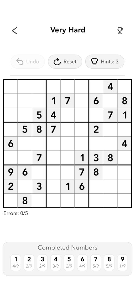 Soku - Sudoku Classic - A Sudoku puzzle grid at very hard difficulty level in the Soku app interface