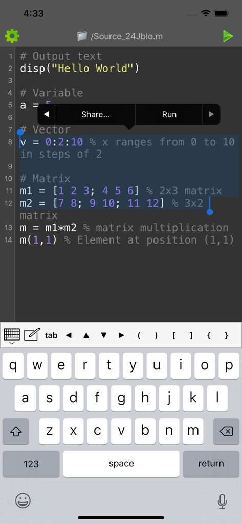 Madona: Run MATLAB/Octave code - Madona mobile code editor for MATLAB and Octave with custom keyboard.