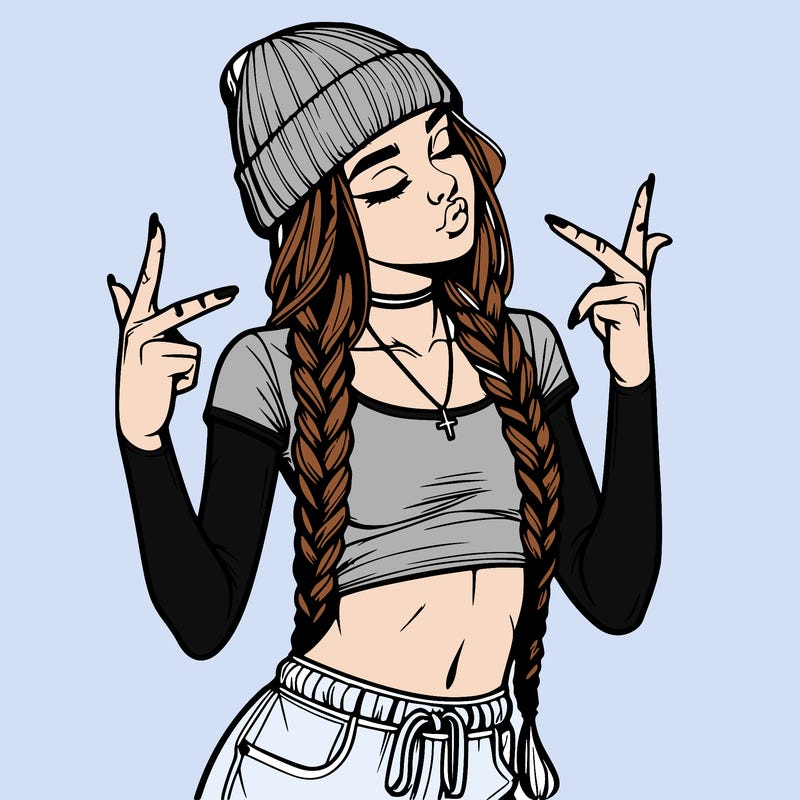 realistic teenage girl with braids and a beanie and crop top doing 🫶🏼