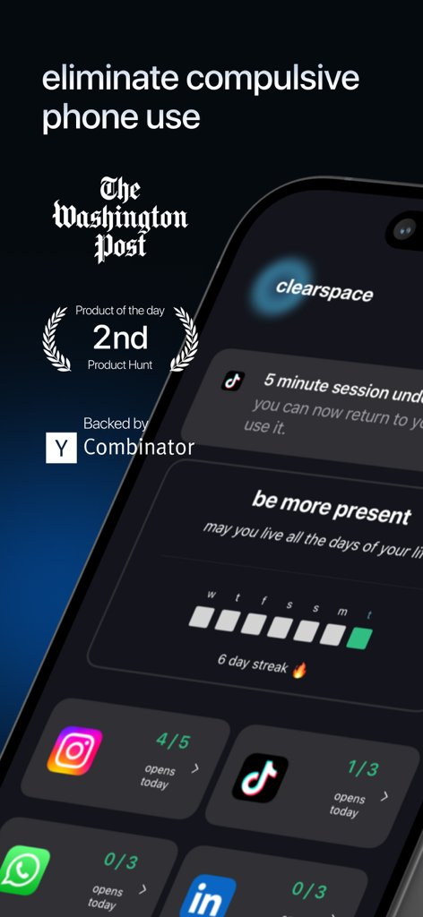 ClearSpace: Reduce Screen Time - Interfaz de la aplicación ClearSpace para gestionar el tiempo de pantalla y limitar el uso de redes sociales