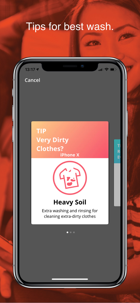 Speed Queen - Interface de l'application Speed Queen montrant un conseil de lessive pour laver des vêtements très sales avec le réglage 'heavy soil'.