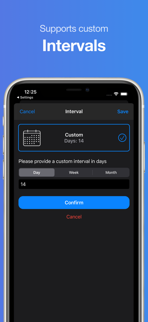 A mobile app interface showing custom interval settings for tracking contact lens replacements