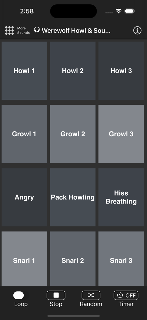 Werewolf Howl & Sounds - Interface of the Werewolf Howl and Sounds app showing a grid of sound effect buttons including howls, growls, and snarls.