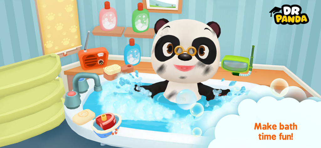Dr. Panda character taking a bubble bath with colorful soap and toys