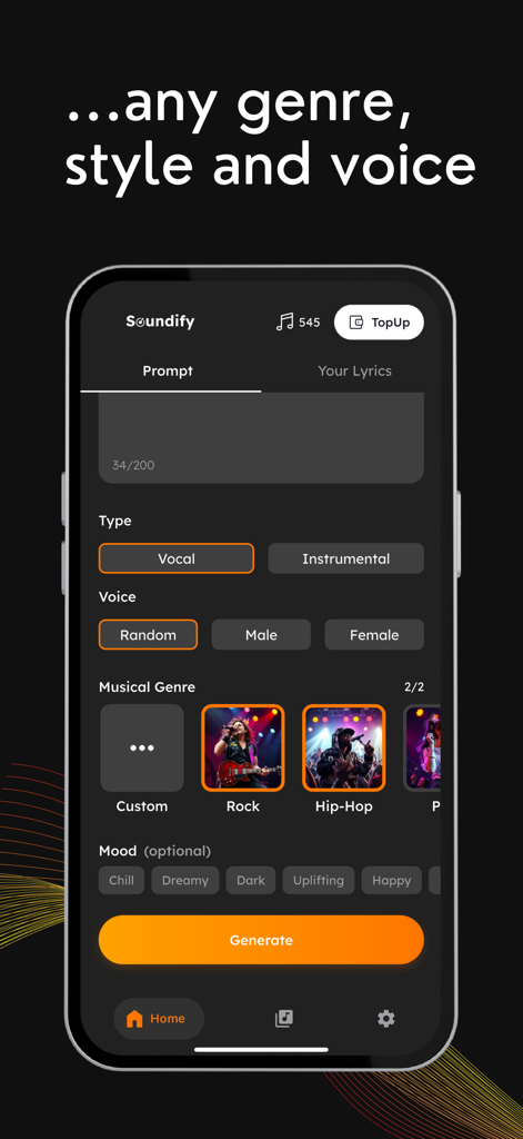 Soundify - AI Song Maker - Soundify app screen showing customization options for AI song generation including genre voice and mood