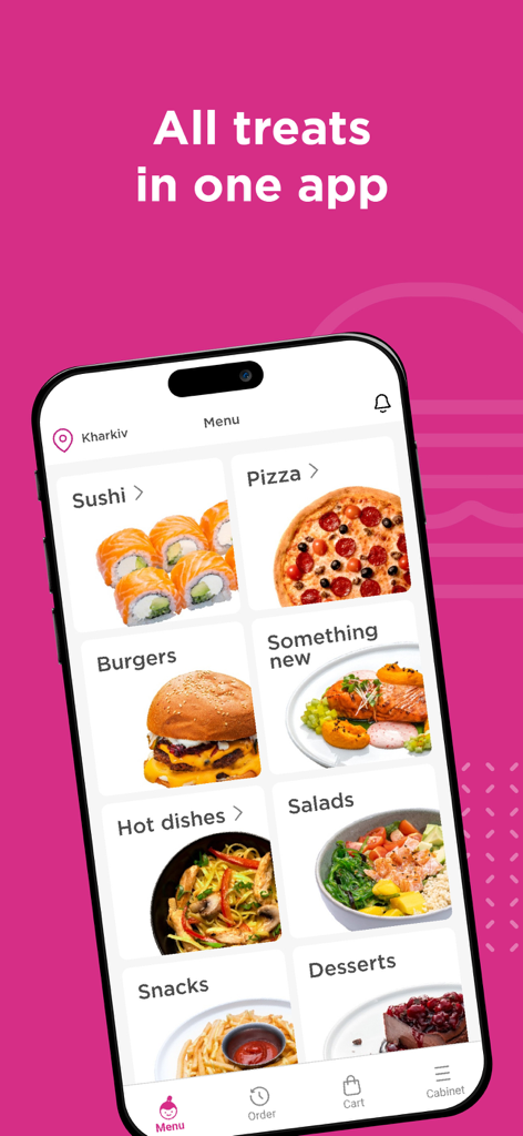 Yapiko - Pantalla del menú de la app móvil Yapiko que incluye categorías como sushi, pizza, hamburguesas y ensaladas