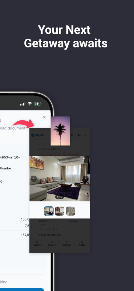 Hydlet - Pantalla de la aplicación móvil Hydlet que muestra una propiedad verificada con una sala de estar moderna y el texto Tu Próxima Escapada te espera