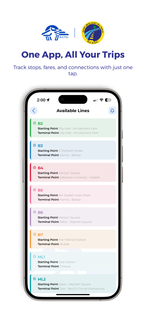 A mobile app screen showing a list of available bus lines and transit routes in Lebanon with their starting and terminal points.