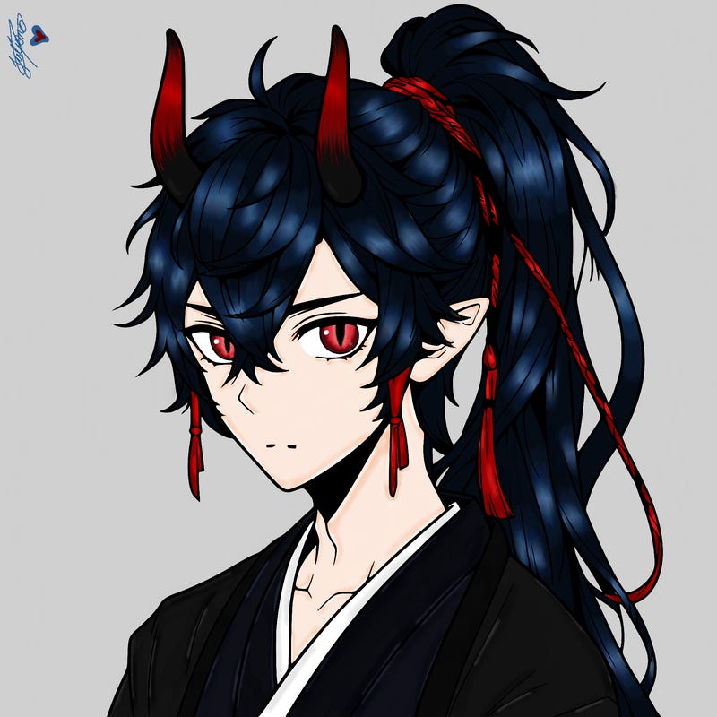 realistic anime boy with horns and long messy hair in ponytail