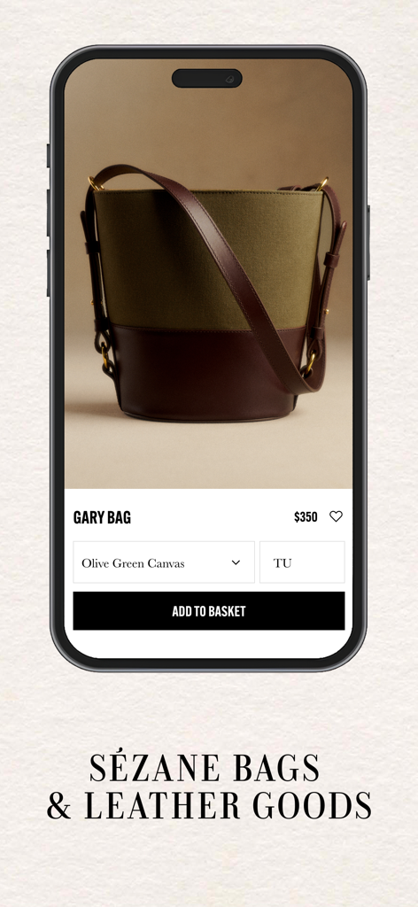 Sezane app product page for the Gary Bag in olive green canvas and leather