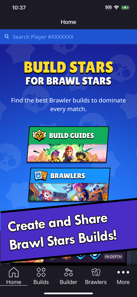 Build Stars for Brawl Stars - Pantalla de inicio de la aplicación Build Stars para Brawl Stars mostrando opciones de menú para guías de builds y brawlers