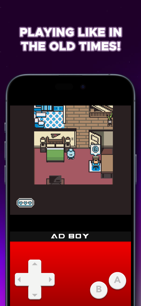 AD Boy: All-in-One-Emulator - AD Boy emulator showing a retro pixel art game with a red controller skin on an iPhone