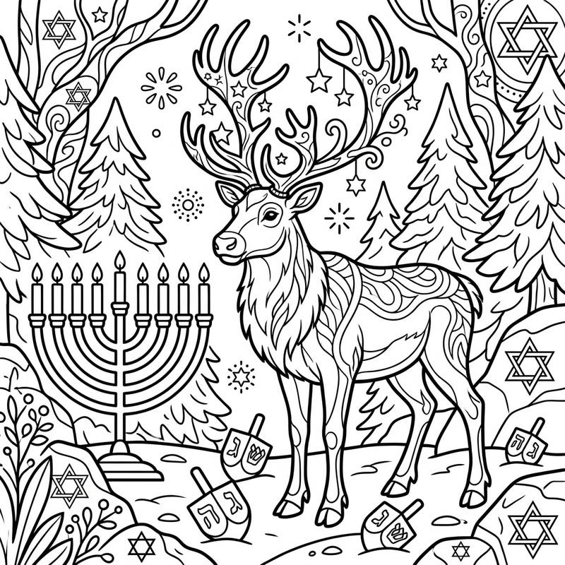 Discover a truly unique coloring experience with this Wild Reindeer Hanukkah design. Featuring a majestic reindeer adorned with festive patterns amidst Hanukkah symbols, it's perfect for a creative celebration.