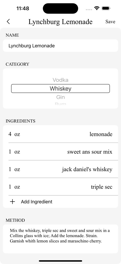 Screenshot of the Cocktail Manual app showing the ingredients and method for a Lynchburg Lemonade recipe with a clean minimalist design