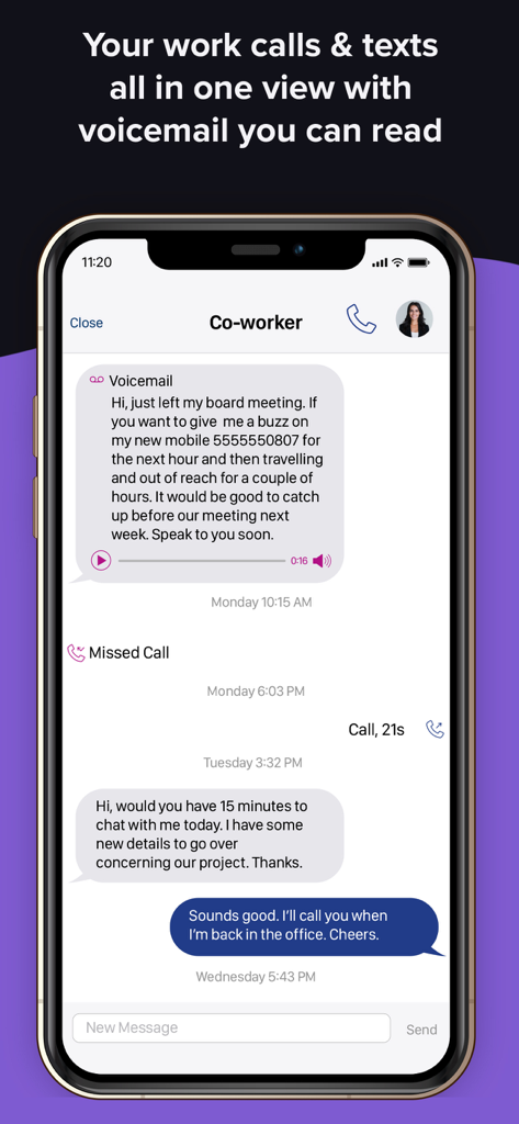 Another Number app interface showing work calls texts and transcribed voicemail in one view
