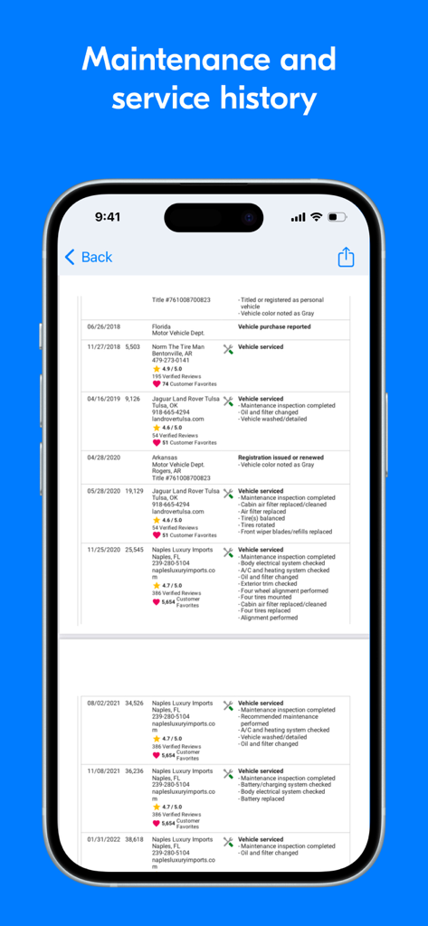 Tela do iPhone exibindo histórico detalhado de manutenção e serviço do veículo do aplicativo App Vin