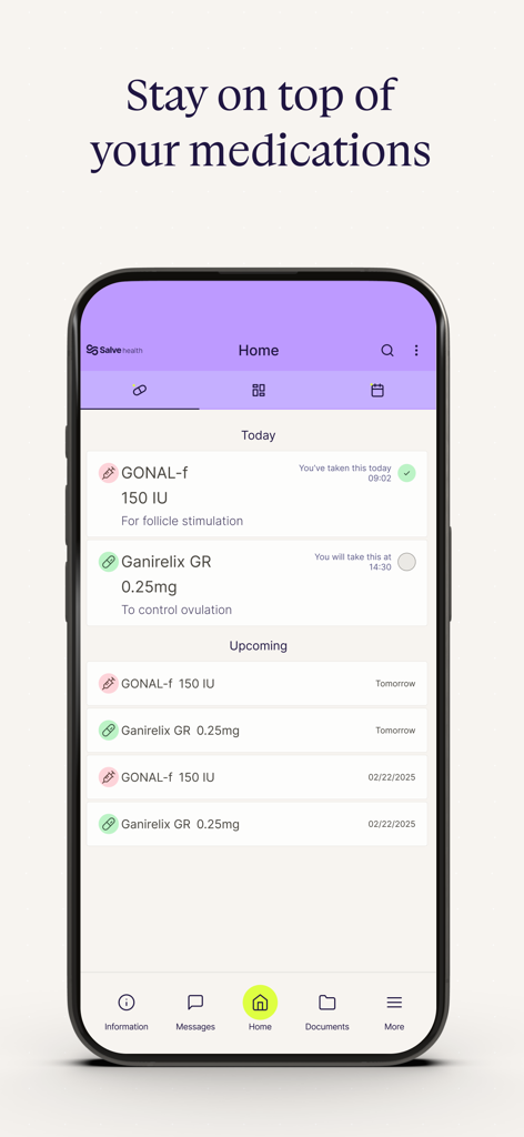 Salve - Salve app interface showing a fertility treatment medication schedule with daily doses and reminders