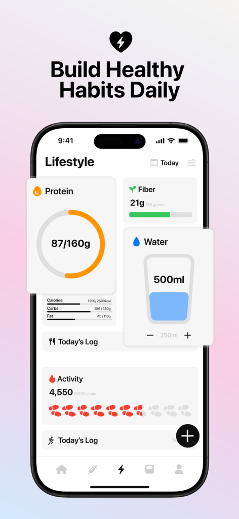 MeAgain app lifestyle dashboard displaying protein fiber and water intake tracking for GLP-1 users