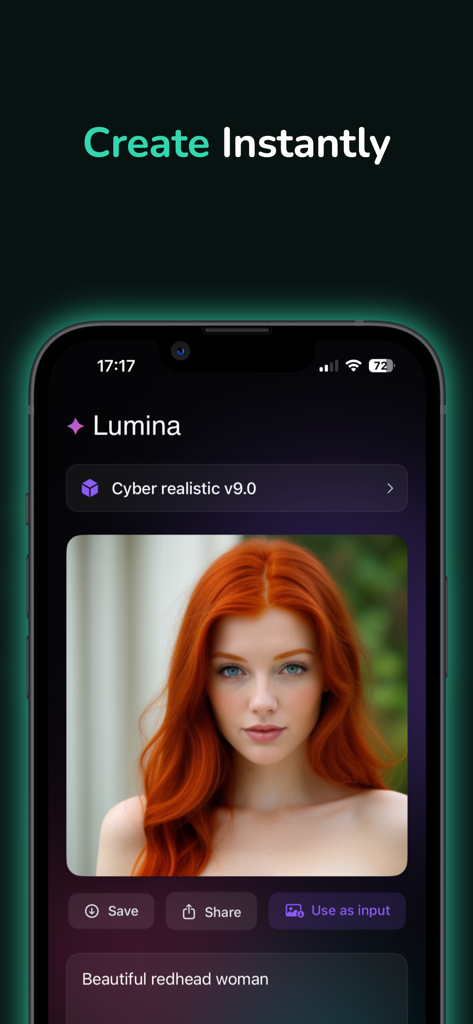 Mobile screen of Lumina app showing a realistic AI generated image of a redhead woman
