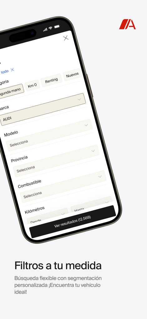 Autocasión - Smartphone displaying the Autocasion app with custom search filters for buying used or new cars.