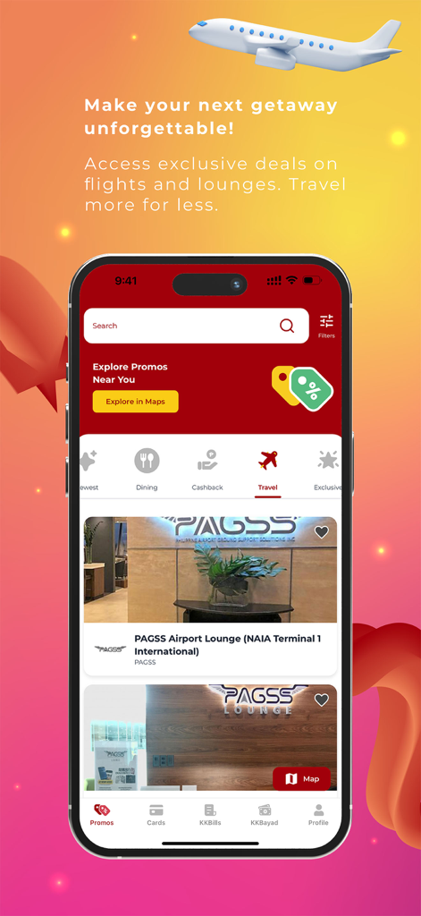 KasKasan Buddies - A mobile screen showing the KasKasan Buddies app travel section with exclusive airport lounge deals and flight promos