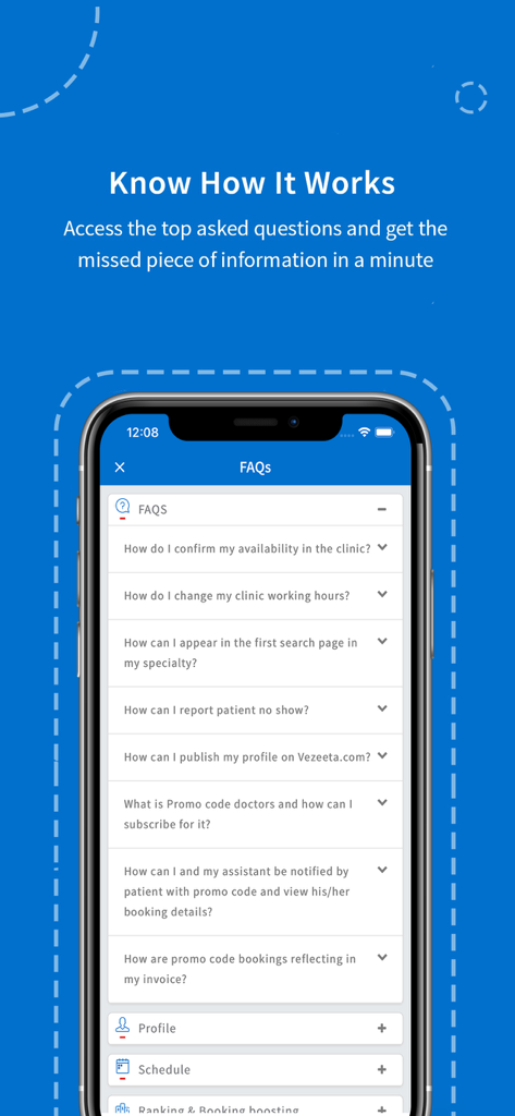 Vezeeta for Doctors - FAQ screen of the Vezeeta for Doctors app showing common questions about clinic management and profile setup