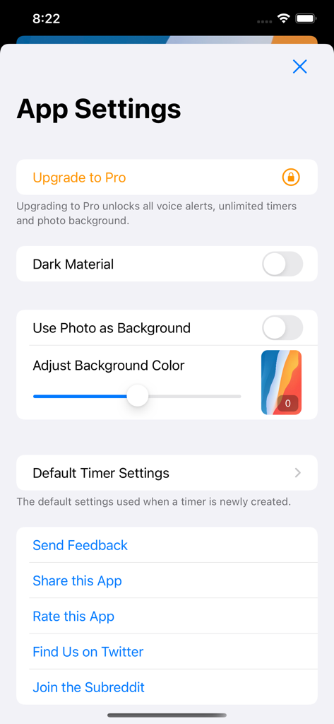 VoyTimer: Talking Voice Timer - Menú de configuración de la aplicación en VoyTimer que muestra opciones de personalización de temas y fondos.