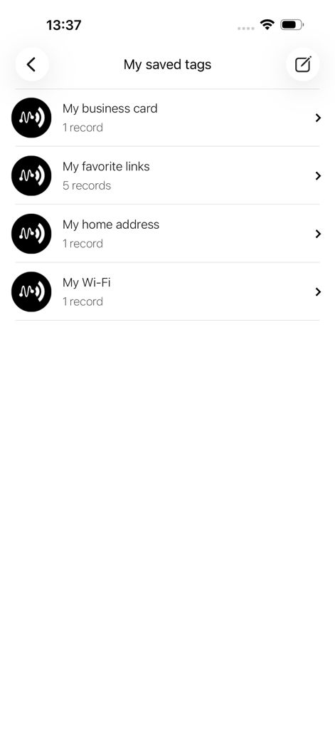 A list of saved NFC tag configurations in the NFC Tools app including business card and Wi-Fi data.