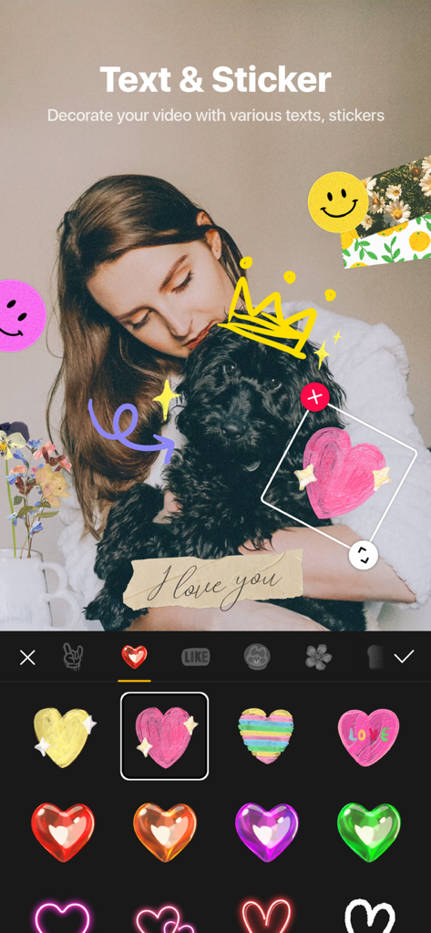 Interface do usuário do editor de vídeo VITA com texto estético e adesivos de coração em um vídeo de uma mulher com um cachorro