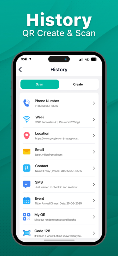 QR Code Reader & Scanner Pro - App QR Code Reader che mostra un registro della cronologia di codici QR e codici a barre scansionati e creati.