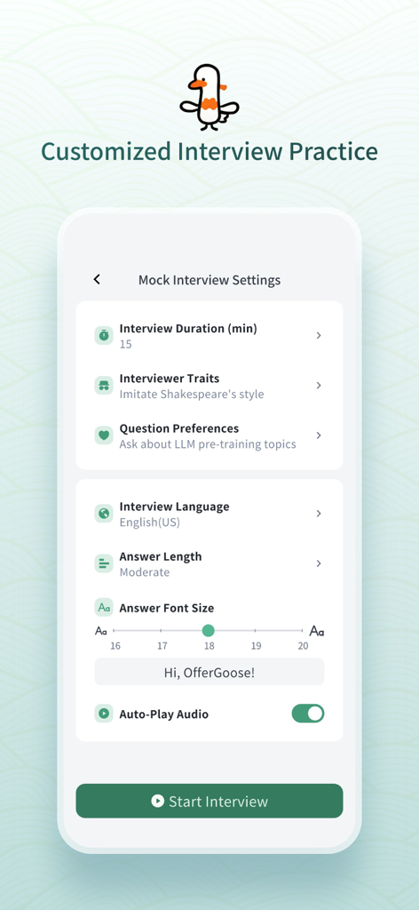 OfferGoose-AI Resume&Interview - OfferGoose app interface for customizing mock interview settings including duration interviewer traits and question preferences