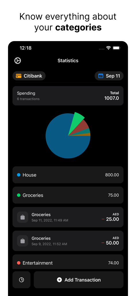 Spendy - Spendings reimagined - Minimalist statistics dashboard in Spendy app displaying a breakdown of spending by categories with a colorful pie chart