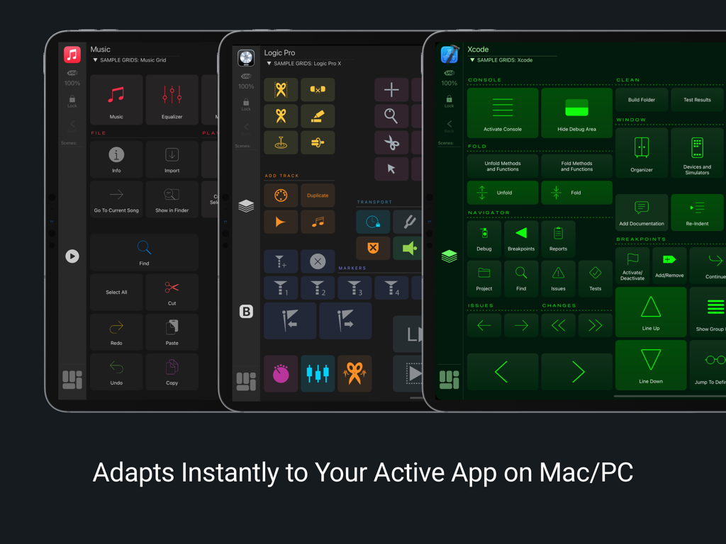 MetaGrid Pro - Three iPads showing MetaGrid Pro adaptive layouts for Music Logic Pro and Xcode