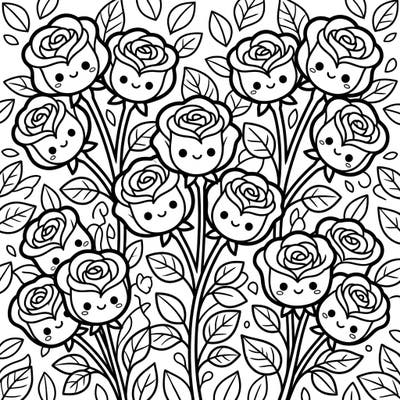 Discover the delightful charm of Grandiflora Roses brought to life in an enchanting Kawaii style. This unique coloring page offers a blend of natural beauty and adorable character for a truly joyful artistic experience.