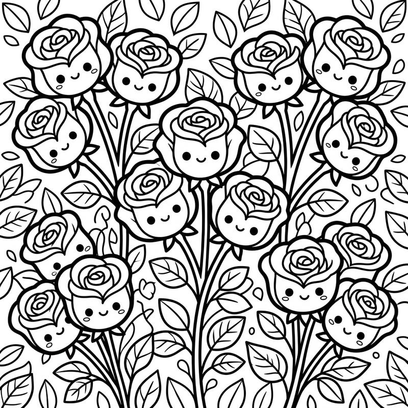Discover the delightful charm of Grandiflora Roses brought to life in an enchanting Kawaii style. This unique coloring page offers a blend of natural beauty and adorable character for a truly joyful artistic experience.