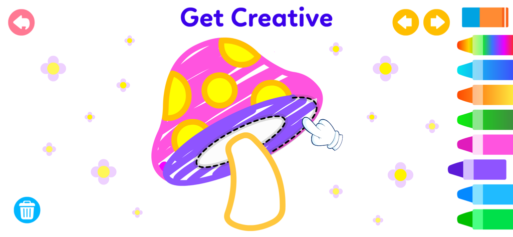 Learn to Draw–Drawing for Kids - 디지털 그림 인터페이스로, 아이들이 따라 그리기 선으로 안내받으며 다채로운 버섯을 크레용으로 색칠하는 모습